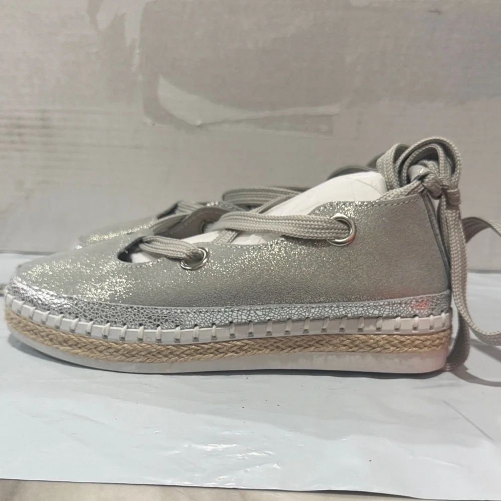 bernie mev. Metallic Silver Crisscross Wedges